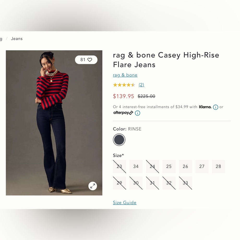 Rag & Bone Casey High Rise Flare Rinse BNWT